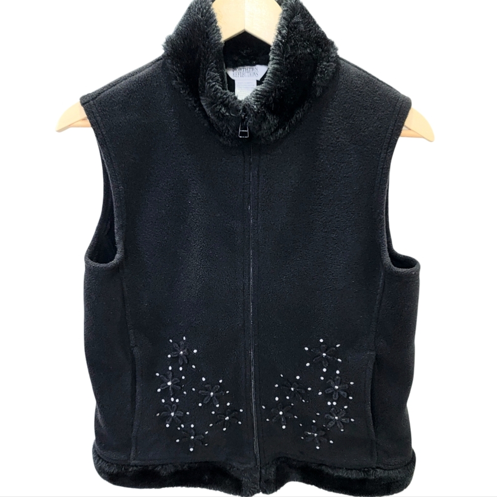 Vintage Northern Reflections Fleece Vest Black Faux Fur Trim Cozy Warm Women’s S - Picture 17 of 17